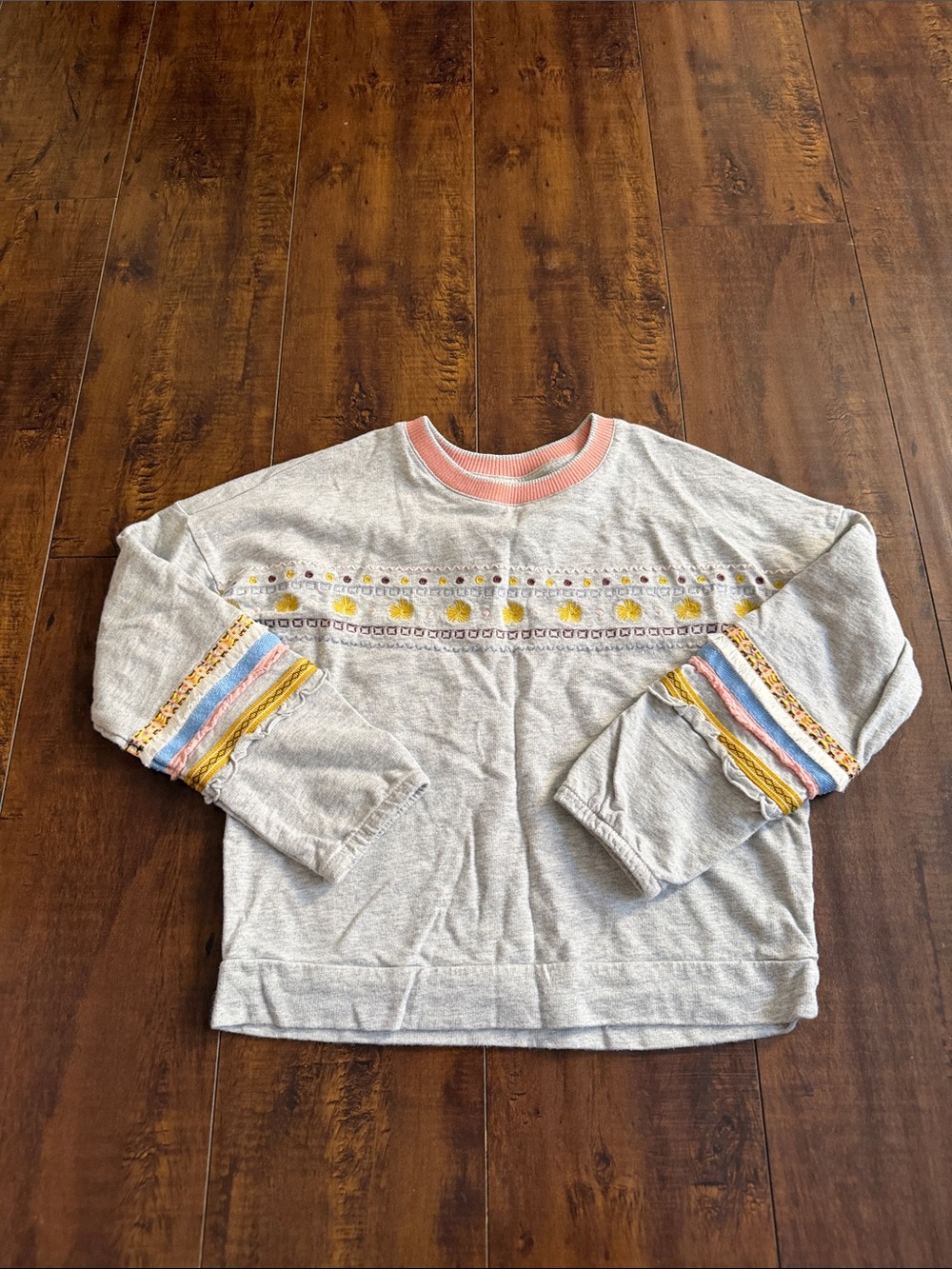 Matilda Jane Heather Gray Sweatshirt with Pink Trim and Multicolor Embroidery